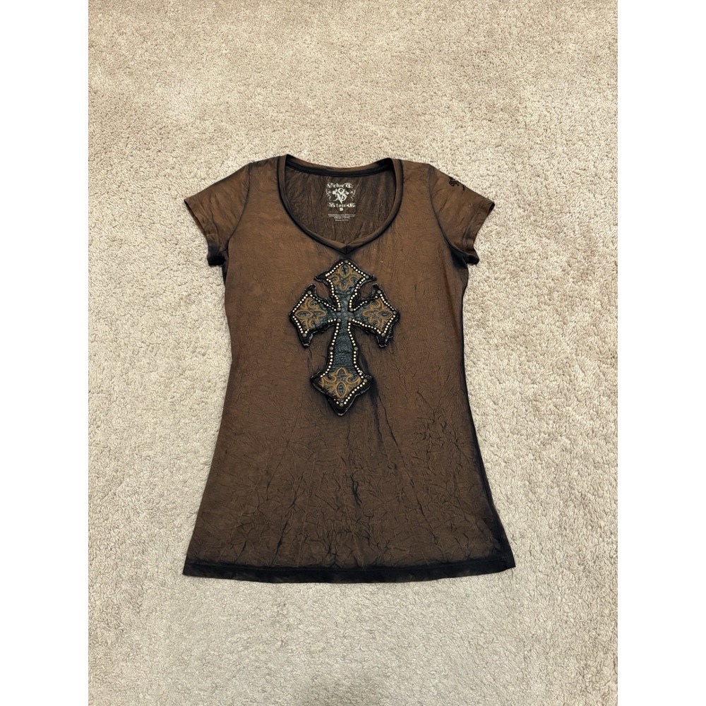 Velvet Stone Women's Rhinestone Cross T-Shirt Size Small Brown Wash Grunge Y2K